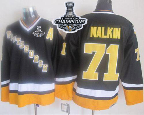 Penguins #71 Evgeni Malkin Black/Yellow CCM Throwback Stanley Cup Finals Champions Stitched NHL Jersey - Click Image to Close